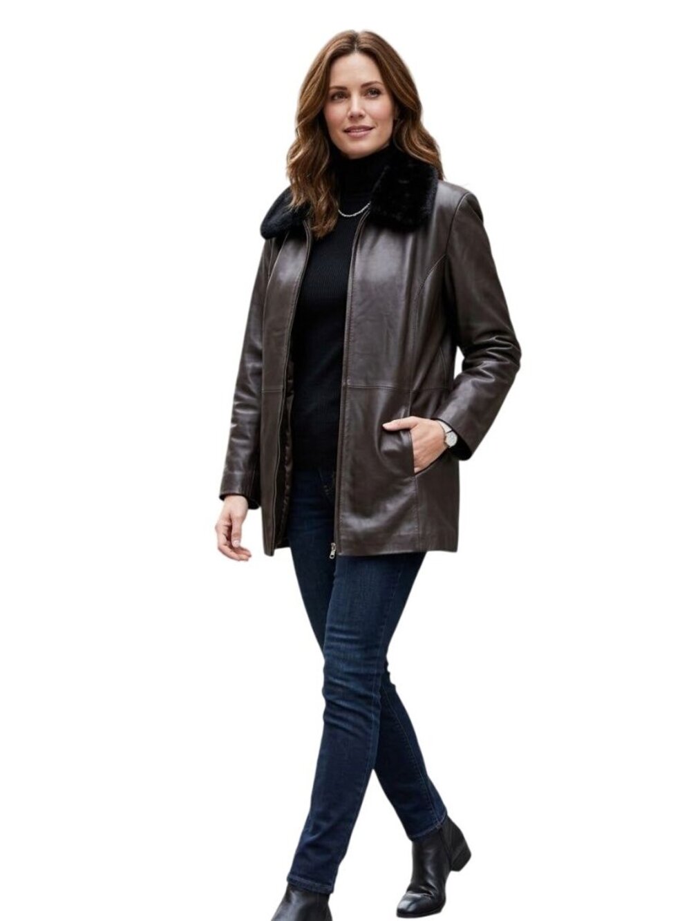 Centigrade Leather Espresso Brown Black Removable Faux Fur Collar Jacket Size L - Picture 4 of 7